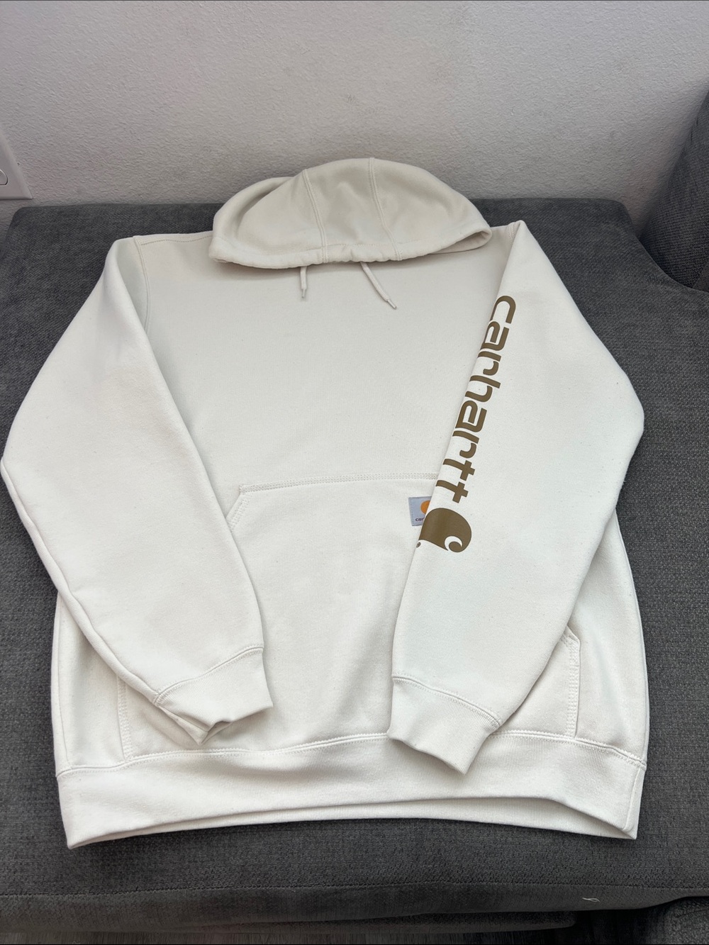 Carhartt Men’s Cream Crewneck Hoodie with Brown Sleeve Logo